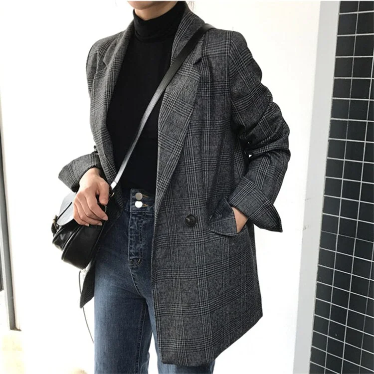 Limited Stock Awakecrm New Autumn Winter Women's Blazers Plaid Double Breasted Pockets Formal Jackets Notched Fashionable Outerwear Tops JK7113 Limited Stock Awakecrm New Autumn Winter Women's Blazers Plaid Double Breasted Pockets Formal Jackets Notched Fashionable Outerwear Tops JK7113