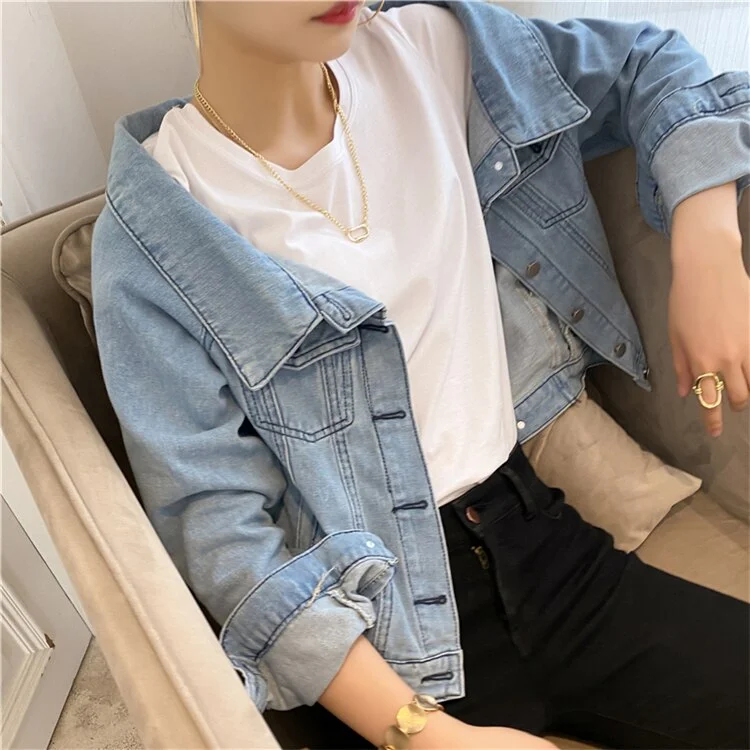 Exclusive Deal Awakecrm New Autumn Women's Denim Jeans Jackets Casual Slash Neck Pockets Wild Streetwear Fashionable Short Wild Lady Tops
