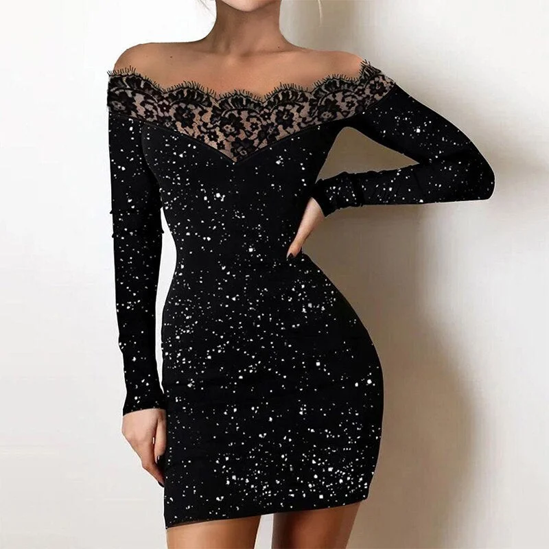Markdown Madness Awakecrm Women Lace Patchwork Slash Neck Mini Dress Bling Glitter Sequins Penicl Dress Spring Female Long Sleeve Lady Party Vestidos Markdown Madness Awakecrm Women Lace Patchwork Slash Neck Mini Dress Bling Glitter Sequins Penicl Dress Spring Female Long Sleeve Lady Party Vestidos