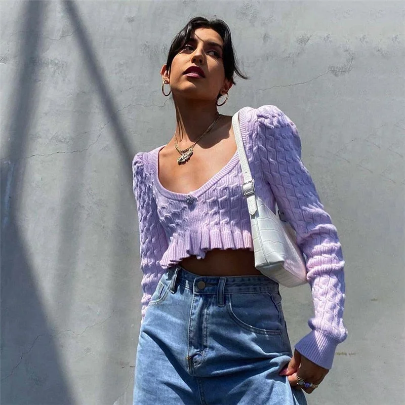 Stock Clearance Awakecrm Joskaa Wsevypo Vintage Purple Ruffles Cropped Sweaters Sweet Women's Long Sleeve V Neck Twist Knit Jumpers Casual Party Warm Pullovers