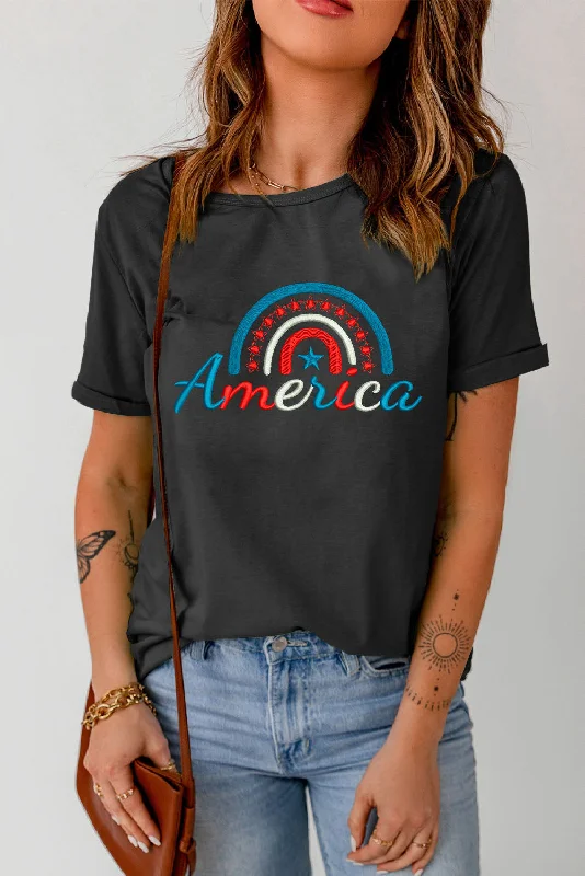 New Deals AMERICA Embroidered Round Neck Cuffed Tee Shirt