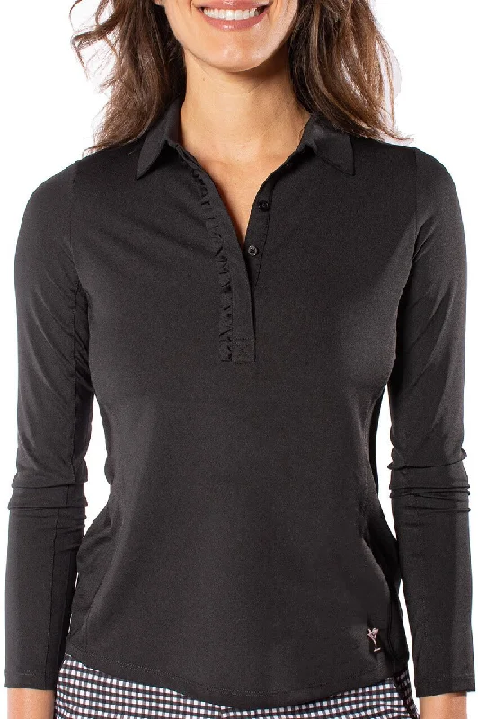 Grand Opening Sale Black Long Sleeve Ruffle Polo