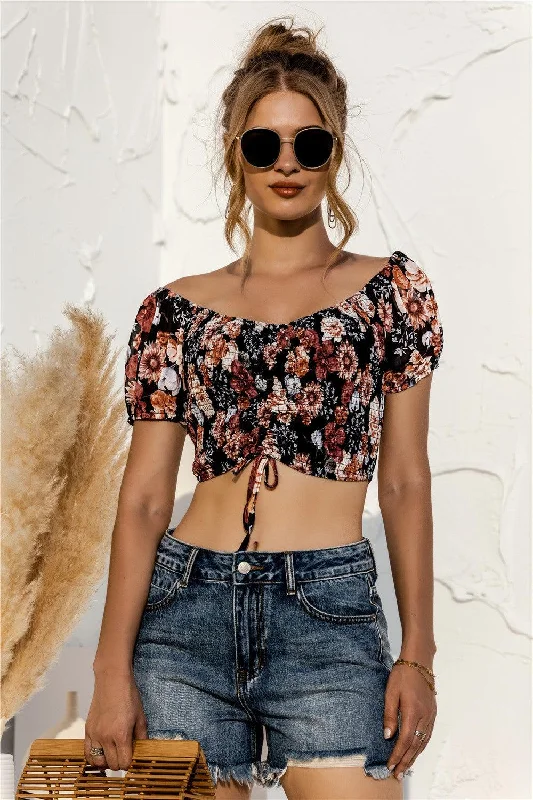 Factory Direct Sale Floral Off Shoulder Drawstrings Crop Top