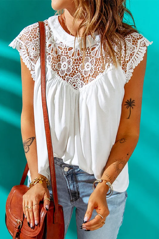 Unbeatable Prices Lace Yoke Round Neck Spliced Top