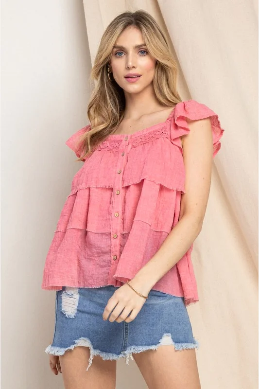 While Supplies Last Buttoned Ruffled Top