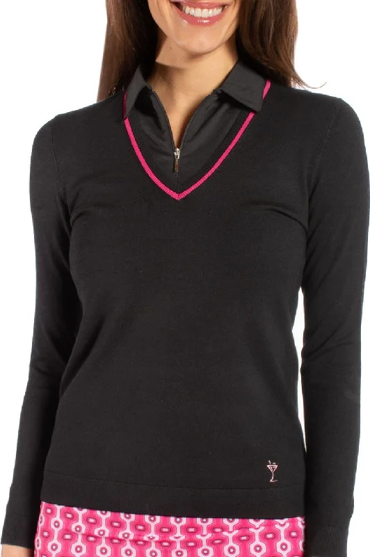 Blowout Sale Black/Hot Pink Stretch V-Neck Sweater