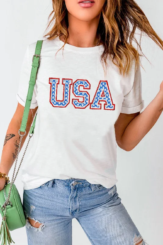 Sale Event USA Graphic Embroidered Round Neck T-Shirt