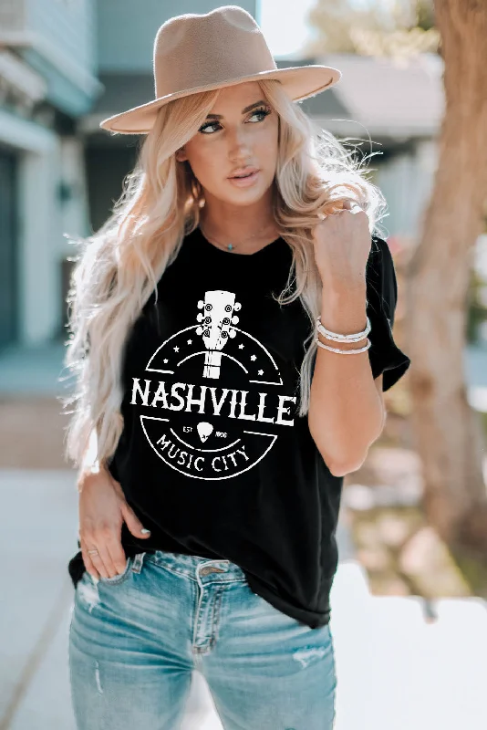 Final Clearance Western NASHVILLE MUSIC CITY Cuffed Graphic Tee Shirt