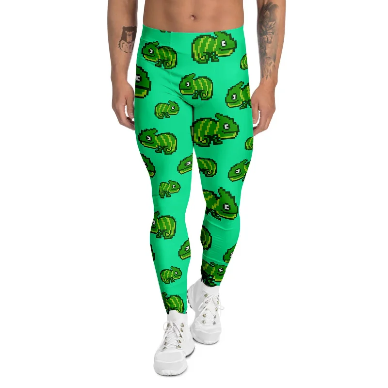Amazing Deals 8 Bit Pixel Green Chameleons Print Pattern Men's Leggings