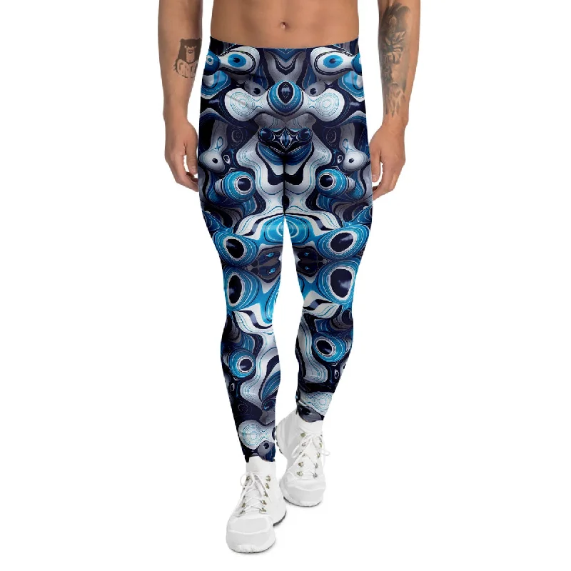 Weekend Deal Abstract Wavy Bubbles Blue White Print Pattern Men's Leggings