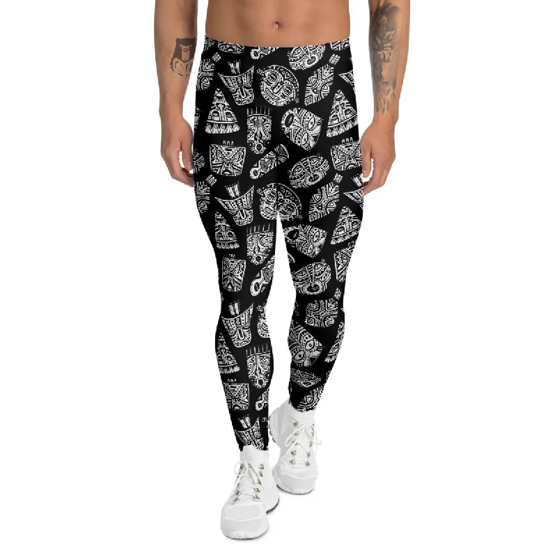 Savings Spectacular Black And White African Fancy Masks Print Pattern Men's Leggings