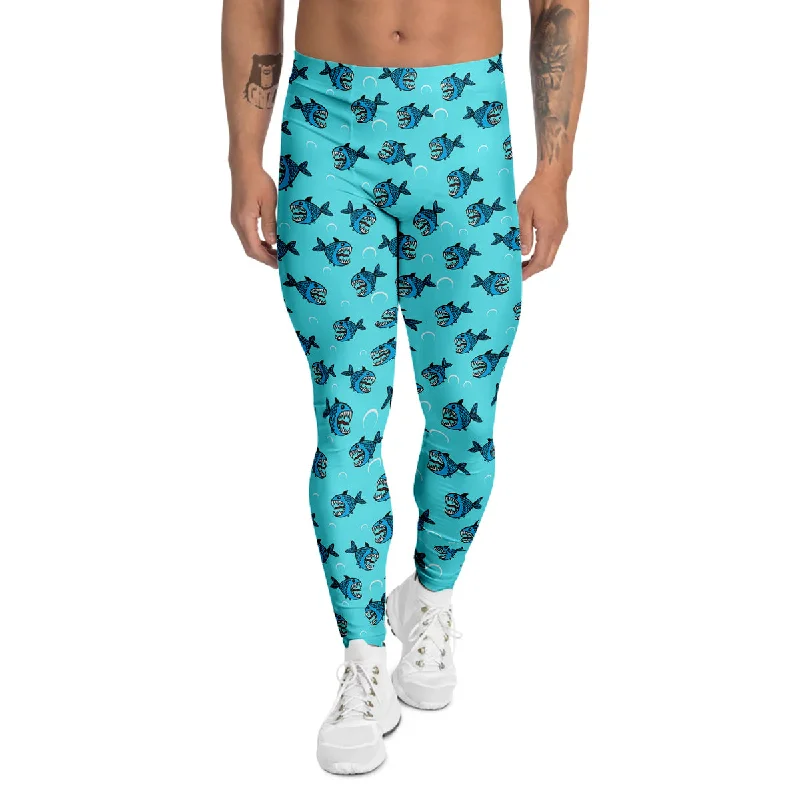 Daily Specials Blue Piranha Print Pattern Men's Leggings