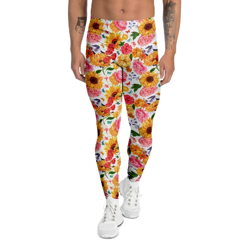Overstock Butterfly Sunflowers Peonies Print Pattern Men's Leggings