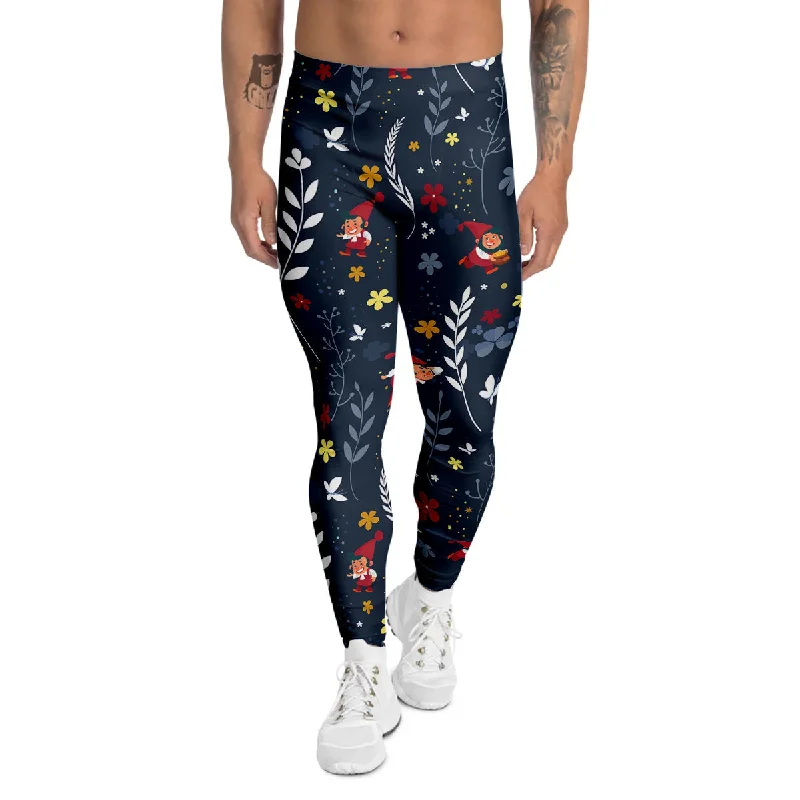 New Markdowns Cartoon Elf And Floral Print Pattern Men's Leggings