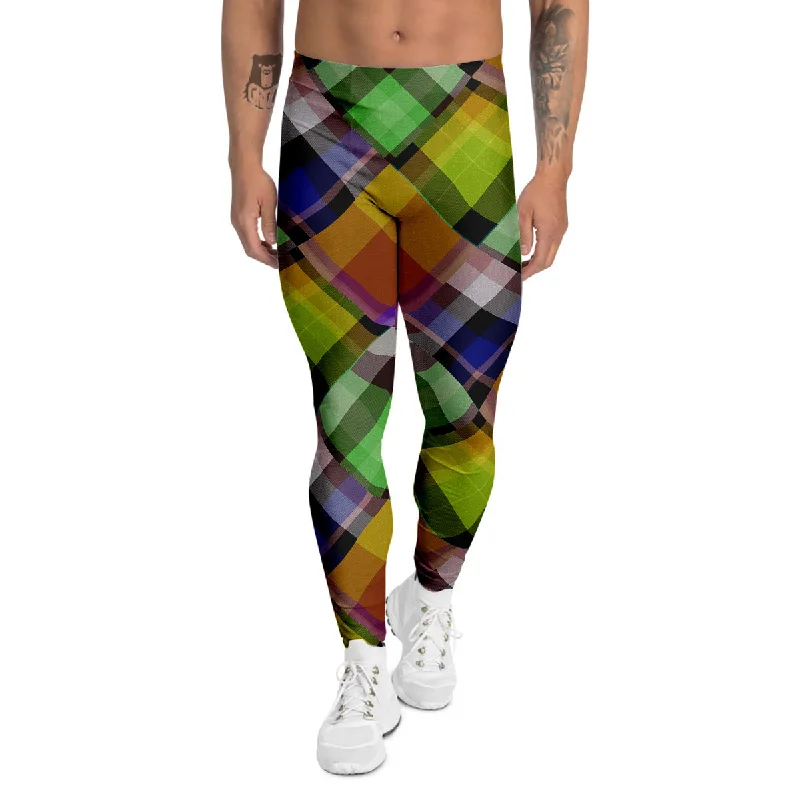 Discount Deals Diagonal Madras Plaid Print Pattern Men's Leggings