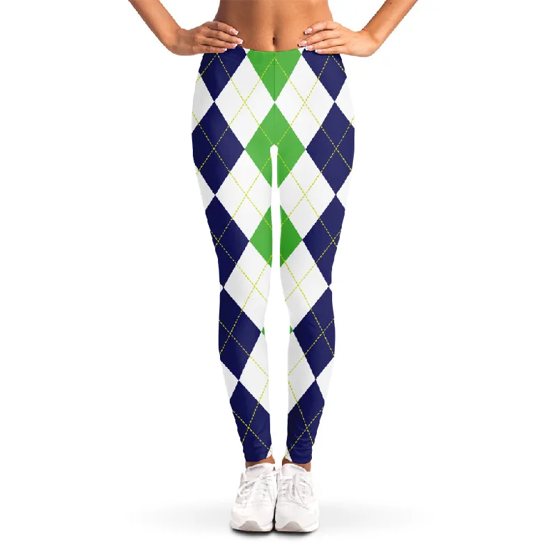 Great Deals Green White And Navy Argyle Print Women's Leggings