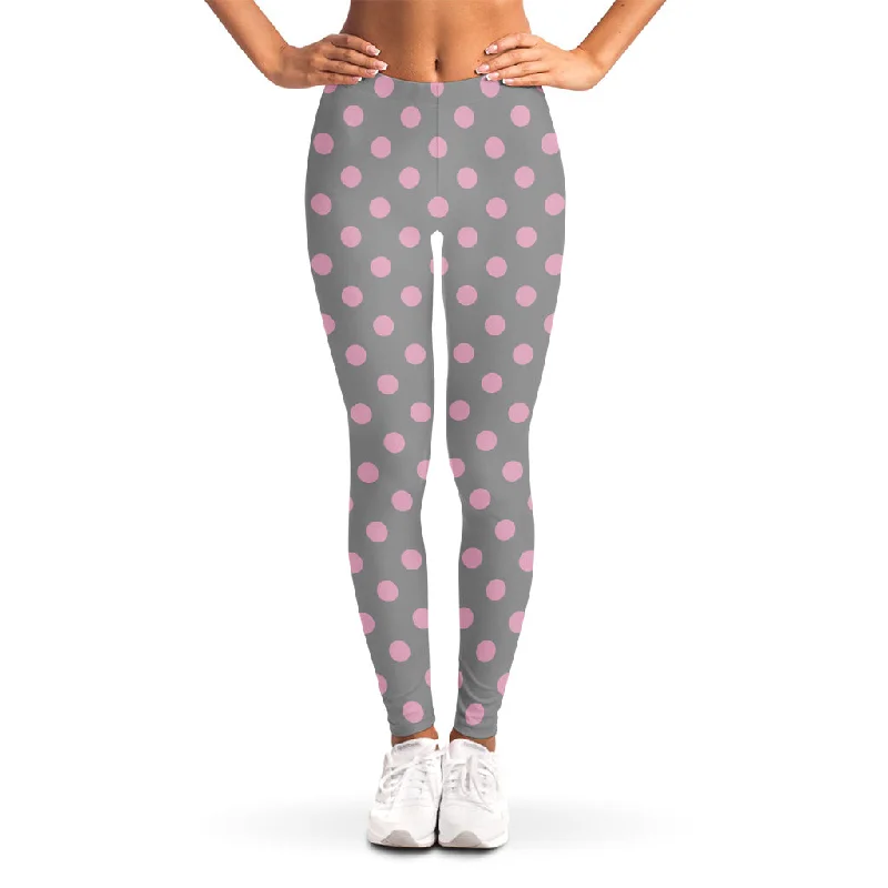 Buy Now Grey And Pink Polka Dot Pattern Print Women's Leggings