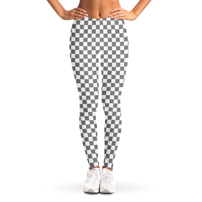 Deal Zone Grey And White Checkered Pattern Print Women's Leggings