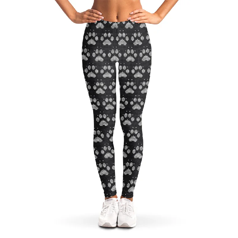 Closeout Sale Grey And White Paw Knitted Pattern Print Women's Leggings