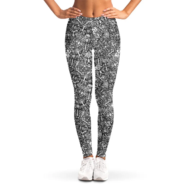 Limited Time Discount Grey And White Totem Pattern Print Women's Leggings