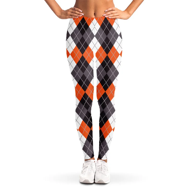 Online Exclusive Grey Black Orange And White Argyle Print Women's Leggings