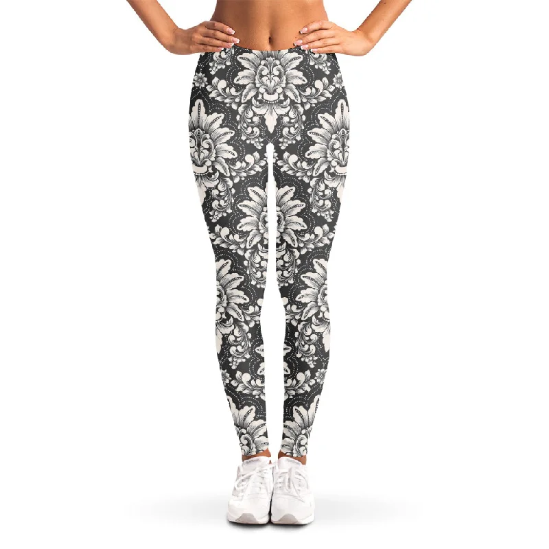 Price Drop Grey Damask Pattern Print Women's Leggings