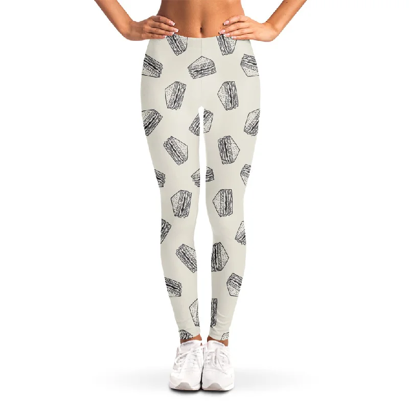 Super Savings Grey Doodle Sandwich Pattern Print Women's Leggings