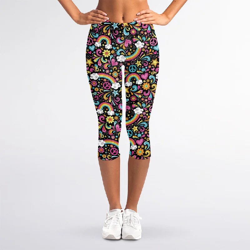 Limited Availability Groovy Hippie Peace Pattern Print Women's Capri Leggings