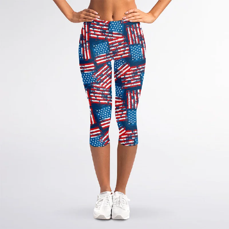 Hurry In Grunge American Flag Pattern Print Women's Capri Leggings
