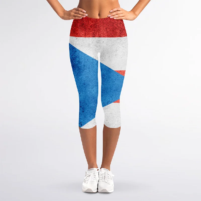 Bonus Savings Grunge Puerto Rican Flag Print Women's Capri Leggings