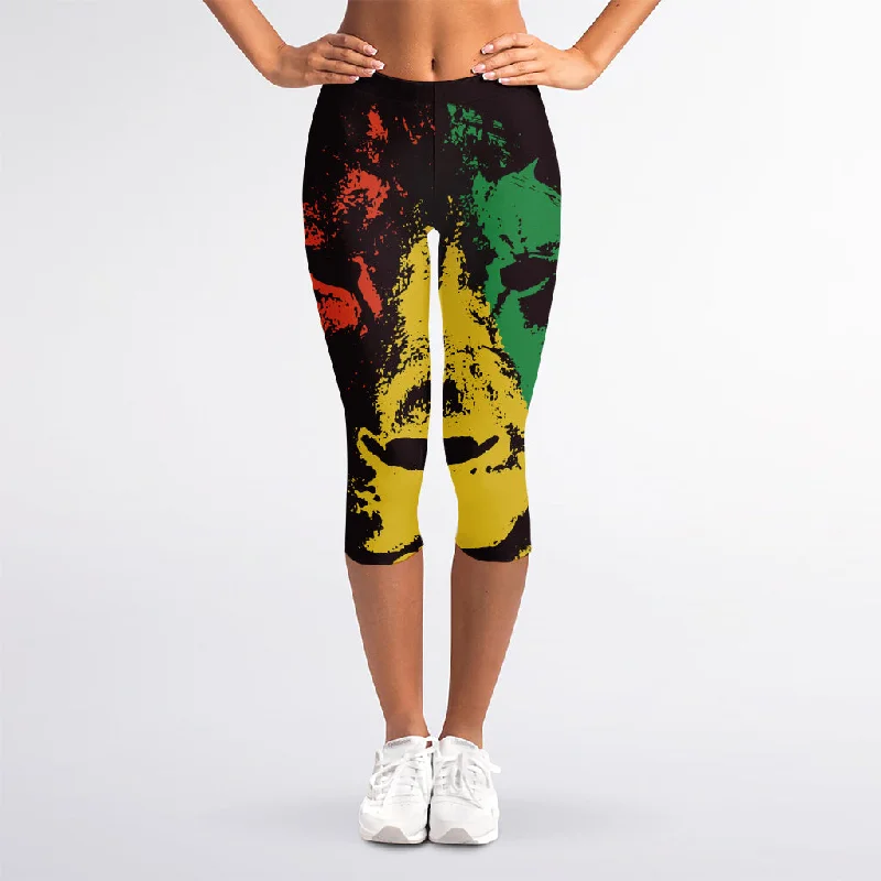 Price Drop Alert Grunge Rasta Lion Print Women's Capri Leggings