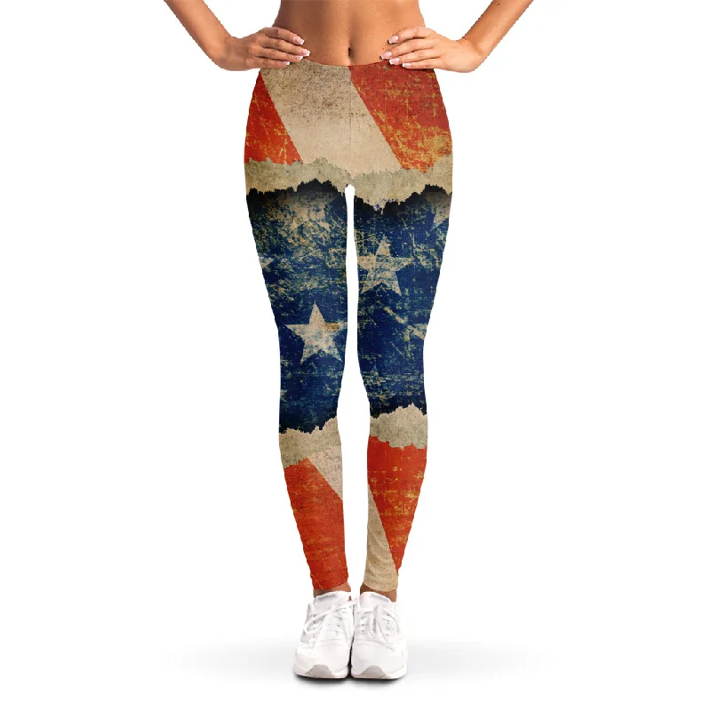 Exclusive Savings Grunge Ripped Paper American Flag Print Women's Leggings