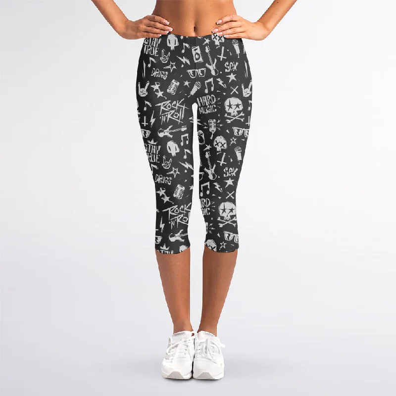 Factory Direct Sale Grunge Rock And Roll Pattern Print Women's Capri Leggings