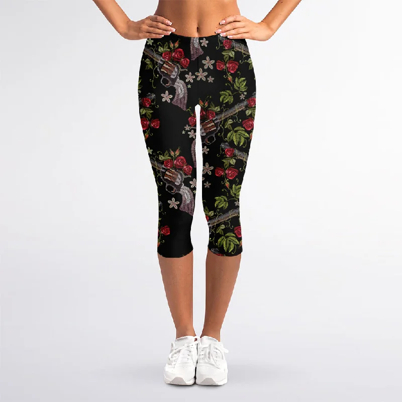 Price Meltdown Guns And Flowers Pattern Print Women's Capri Leggings