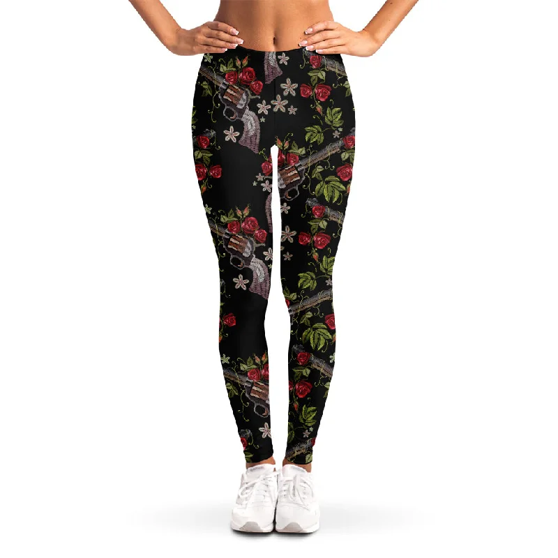 Act Fast Guns And Flowers Pattern Print Women's Leggings