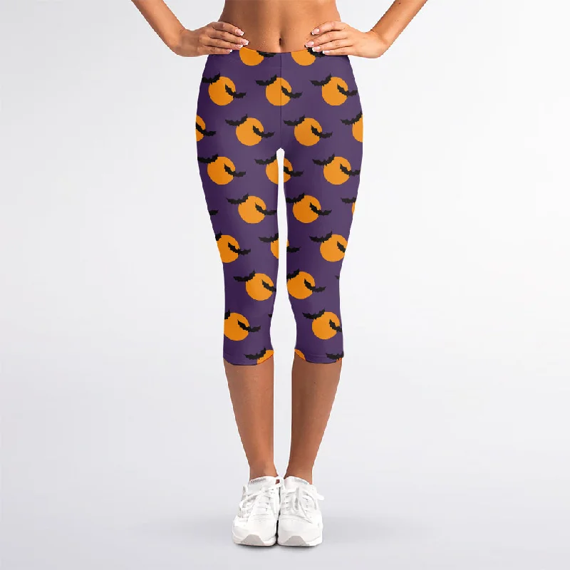 Sneak Peek Sale Halloween Bat And Moon Pattern Print Women's Capri Leggings