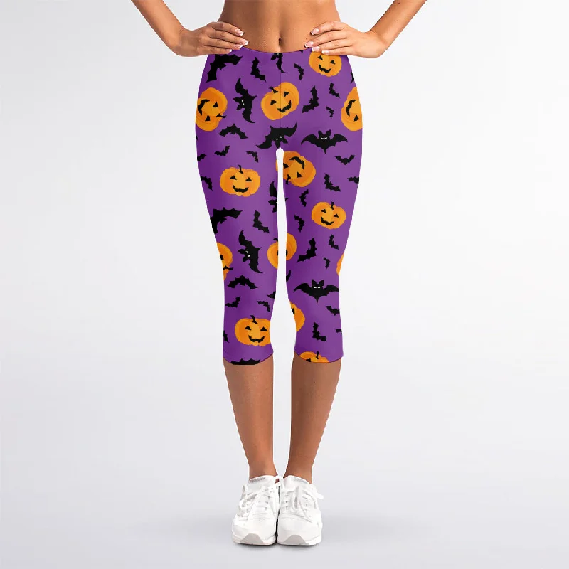 Bargain Bin Halloween Bat And Pumpkin Pattern Print Women's Capri Leggings