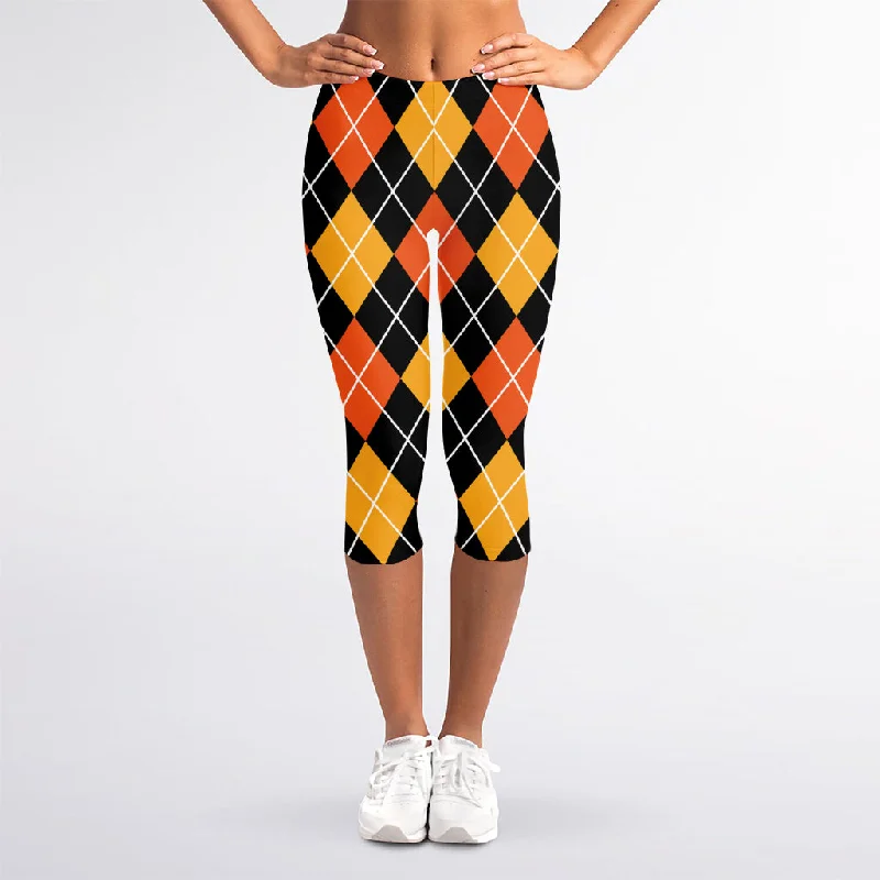 Weekend Flash Sale Halloween Black And Orange Argyle Print Women's Capri Leggings
