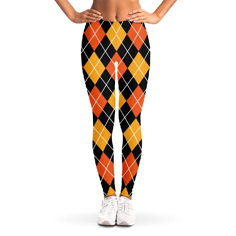 Super Deal Halloween Black And Orange Argyle Print Women's Leggings