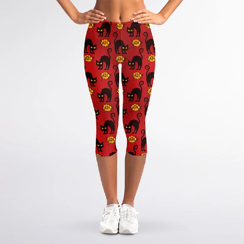 Referral Discount Halloween Black Cat Pattern Print Women's Capri Leggings
