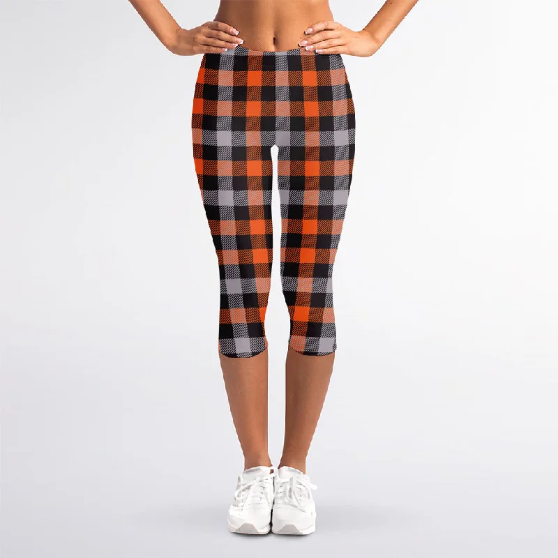 Act Now Halloween Buffalo Plaid Print Women's Capri Leggings