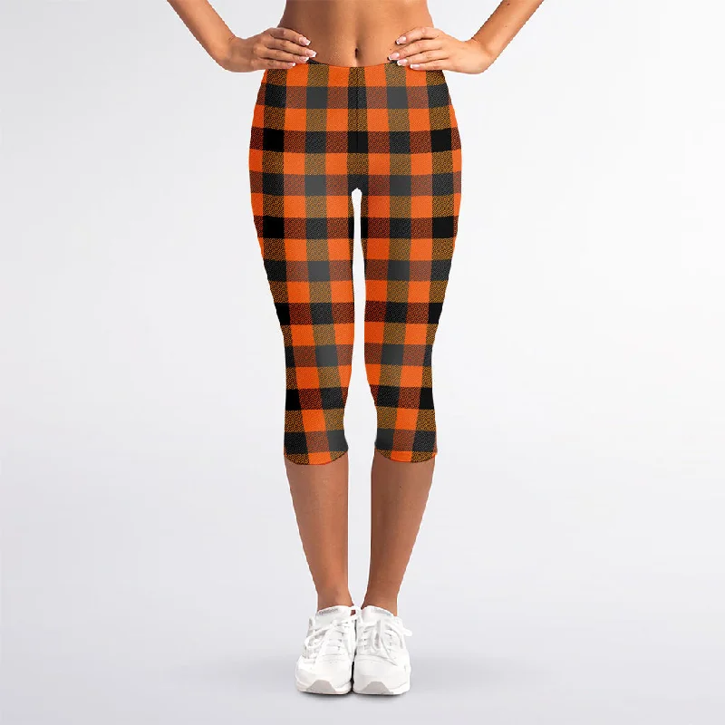 Low Prices Halloween Orange Buffalo Check Print Women's Capri Leggings