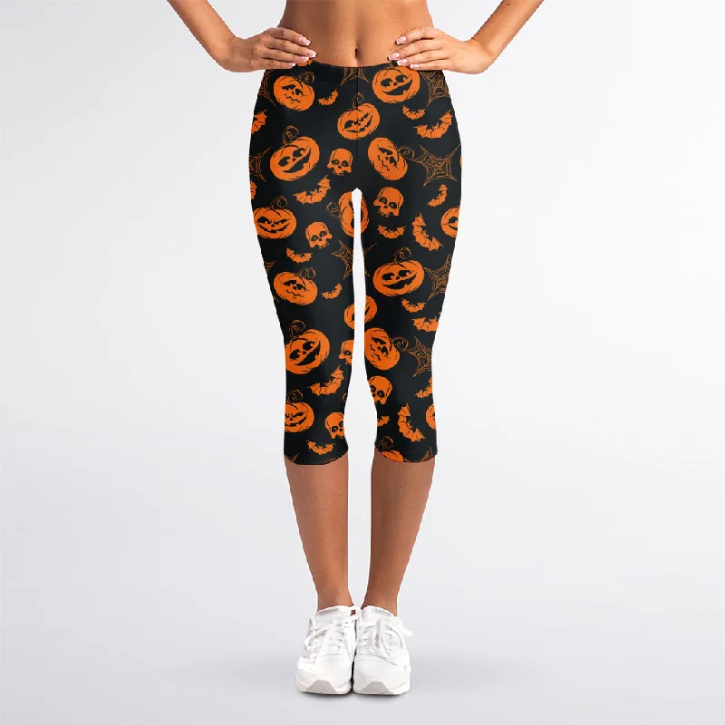 Discount Deals Halloween Pumpkin And Bat Pattern Print Women's Capri Leggings