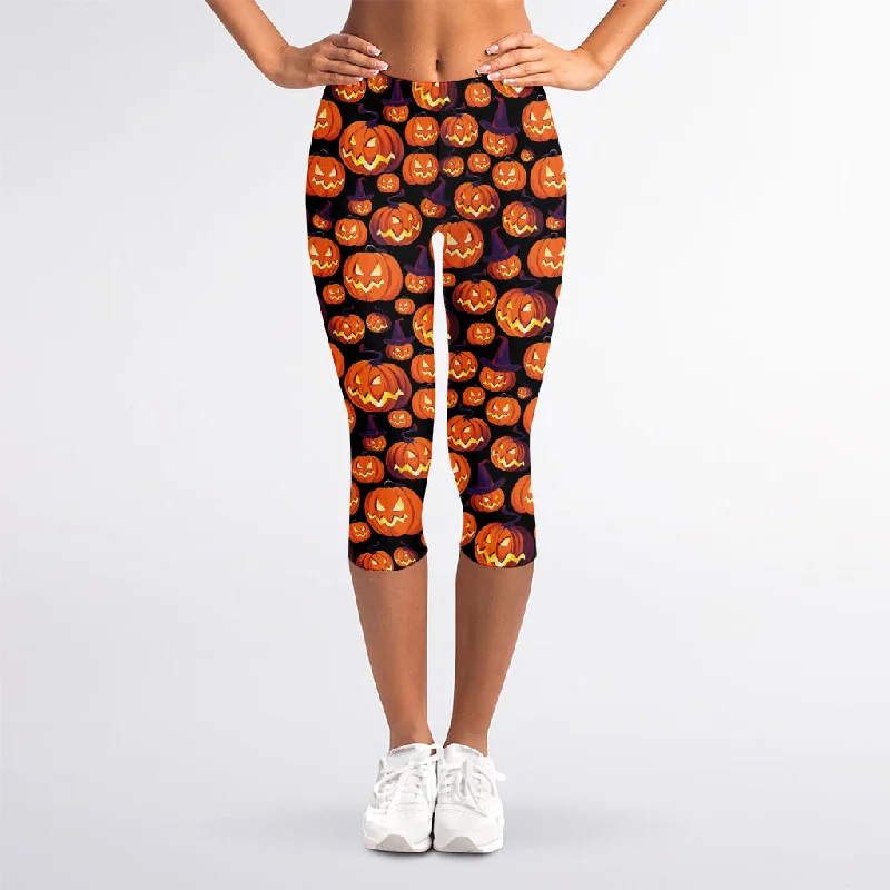 Online Specials Halloween Pumpkin Witch Pattern Print Women's Capri Leggings