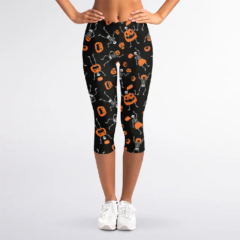 Fantastic Deals Halloween Skeleton And Pumpkin Print Women's Capri Leggings