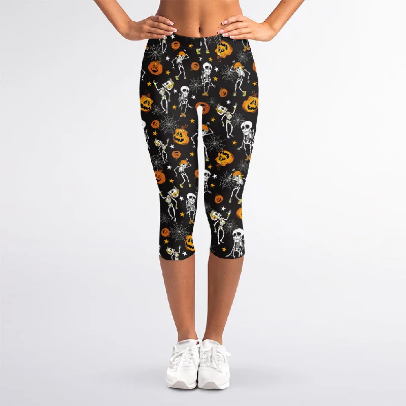 Discount Mania Halloween Skeleton Party Pattern Print Women's Capri Leggings