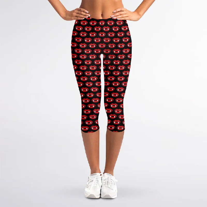 Don't Wait Halloween Vampire Lips Pattern Print Women's Capri Leggings