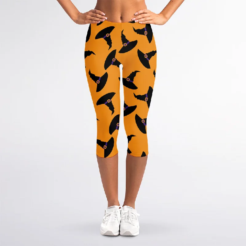 Savings Alert Halloween Witch Hat Pattern Print Women's Capri Leggings