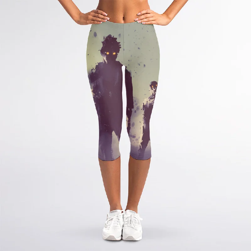 Discount Days Halloween Zombie Crowd Print Women's Capri Leggings