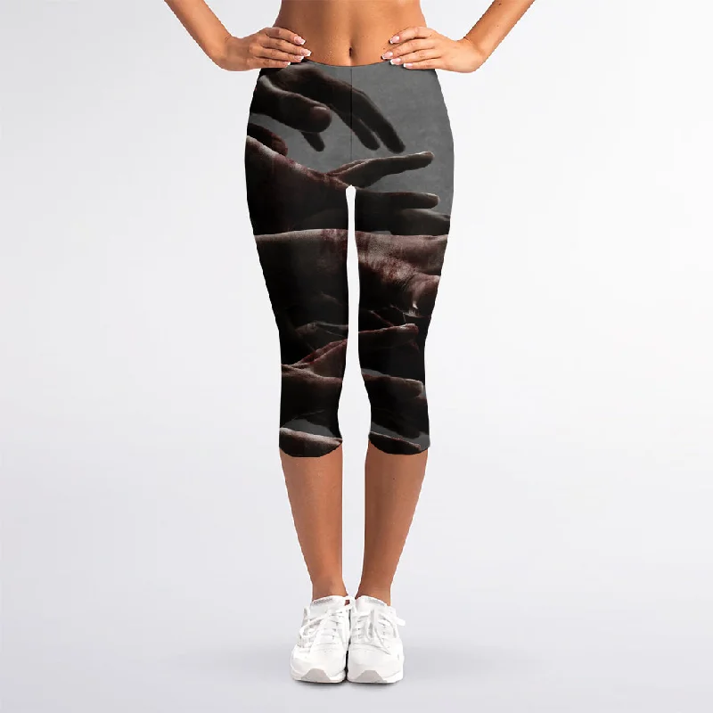 Savings Bonanza Halloween Zombie Hands Print Women's Capri Leggings